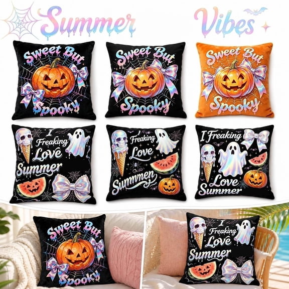 Halloween Home Decor Indoor, Pumpkin Throw Pillow, 18X18 Inch Black Neon Summer Halloween Decorative Pillow, Holographic Ribbon Bow Spooky Ghost Melting Skull Jack O Lantern