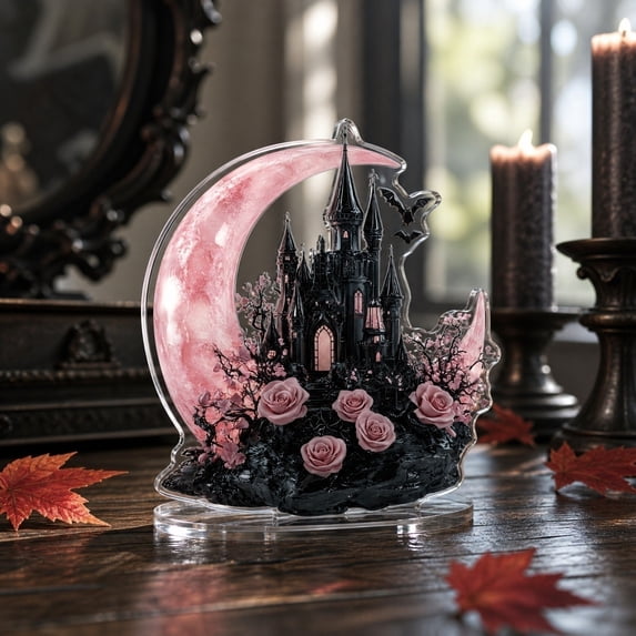Halloween Home Decor Indoor, Spooky Halloween Decorations, Pink and Black Room Decor, Crescent Moon Decor, 2D Acrylic Haunted Castle Desktop Standee with Matching Base, Pastel