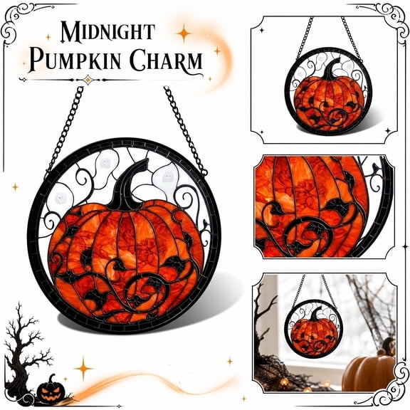 Halloween Home Decor Indoor, Vintage Stained Glass Window Hanging Pumpkin Decoration, Suitable for Home Porch Fall Season Display, Halloween Themed Present for Friends Family,