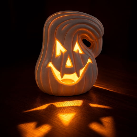 Halloween Home Decor,Jack O Lantern,Pumpkin Decoration Handmade Clay Pumpkin Jack-o-Lantern Halloween Tealight Holder Rustic Farmhouse Fall Home Decor(White A 7IN)