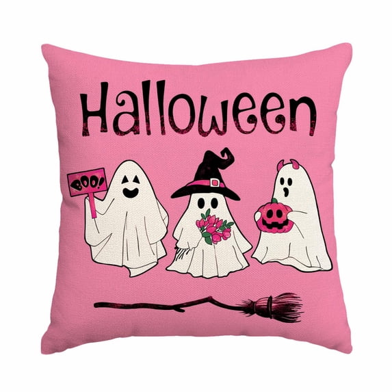 Halloween Home Decor, Pink Halloween Decorations, Cute Ghost Decor, Ghost Pillow Cover, 18X18 Inch Set of 4 Halloween Pillow Covers with White Ghost, Jack O Lantern and Witch Hat