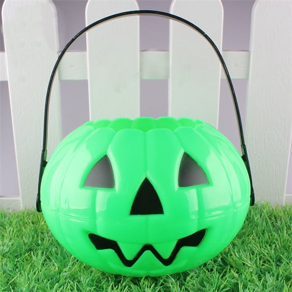 Halloween Home Decor - Pumpkin Candy Bucket,Foldable Detachable 2-in-1 Pumpkin Bucket,Medium Reusable Plastic Candy Pail,Green Trick or Treat Party Favor Holder for Children