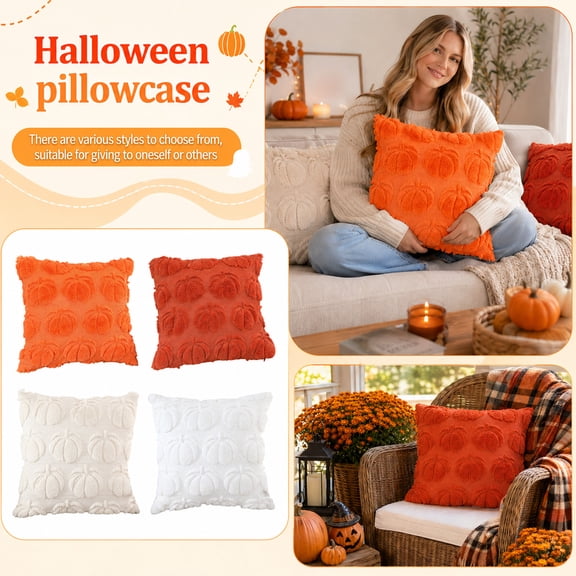 Halloween Home Decor, Pumpkin Home Decor, Pumpkin Decor, Textured Orange 18 Inch Square Pillow Cover, Soft Fuzzy Rabbit 45X45Cm Cushion Case with Embossed Pumpkin Motifs, 1 Piece