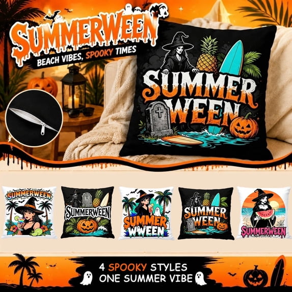 Halloween Home Decor, Summerween Decor, Halloween Throw Pillow, Pillow Cover, 18X18 Inch Woven Linen Pillow Protector with Witch, Jack O Lantern, Surfboard and Pineapple Print for
