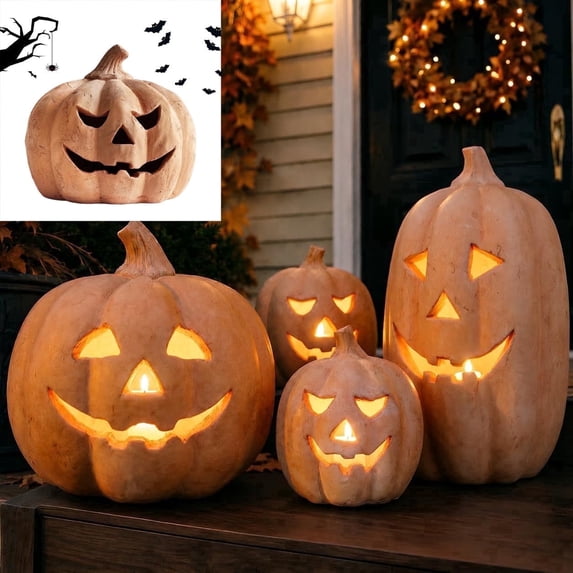 Halloween Home Decorations Pumpkin Jack O Lantern, Handmade Orange Resin Pumpkin with Flameless Candle Light, Rustic Fall Decor for Tabletop Front Door Porch Room