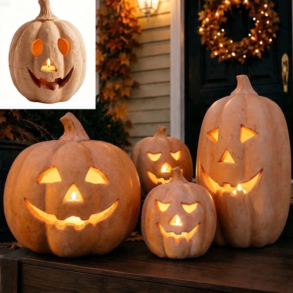 Halloween Home Decorations Pumpkin Jack O Lantern, Handmade Orange Resin Pumpkin with Flameless Candle Light, Rustic Fall Decor for Tabletop Front Door Porch Room