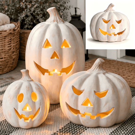 Halloween Home Decorations Pumpkin Jack O Lantern, Handmade White Resin Pumpkin with Flameless Candle Light, Rustic Fall Decor for Tabletop Front Door Porch Room