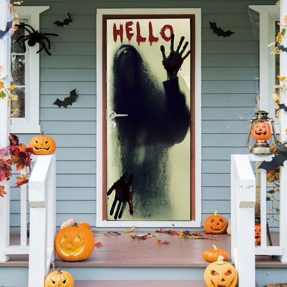 Halloween Door stickers Door Cover Fridge stickers Scary Ghost Decorations Spooky Porch Decor Self-adhesive, Removable for Outdoor Indoor Photo Background Wall