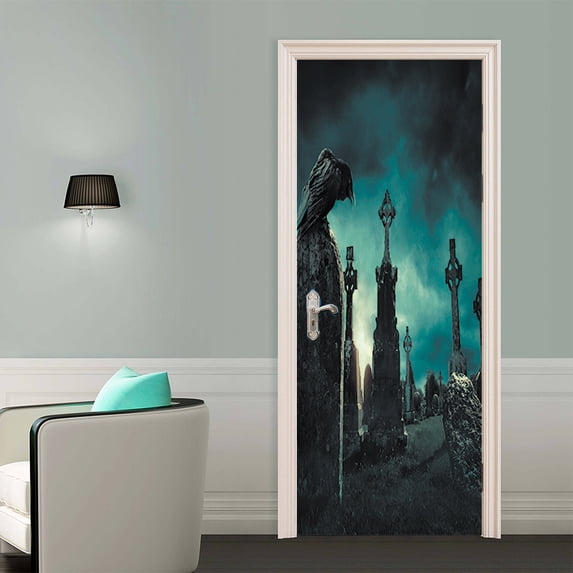 Halloween Home Fridge Sticker Bathroom Entrance Door Decorative Door Sticker, 3D Dark and Spooky Forest Scene Wall Murals - Self Adhesive, Removable Art Decals for Halloween Decoration,SP-F102