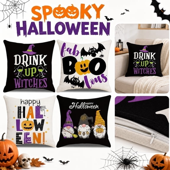 Halloween Home Pillow Case Pack, Halloween Fall Decor, Halloween Decorations, Living Room Decor, 4-Piece 18X18 Inch Blue Background Spooky Character Print Throw Pillow Covers for