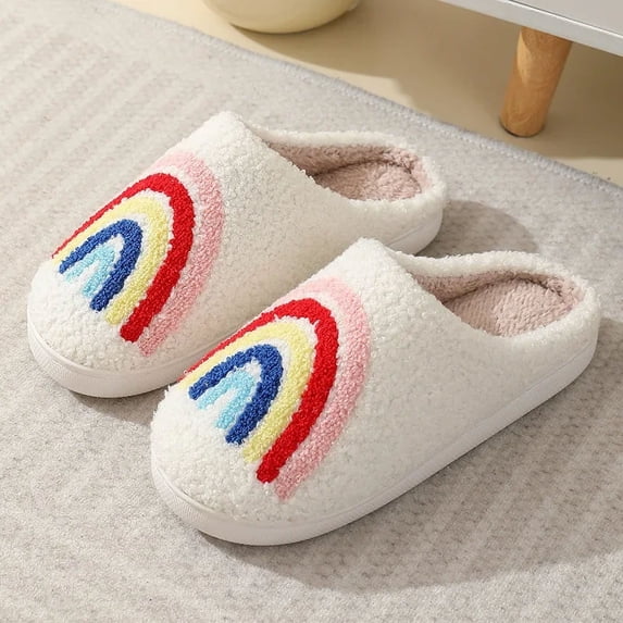 Halloween Home Slipper Women Plush Indoor Floor Non Slip Men Male House Shoes Fuzzy Winter Warm skull cartoon Female Plaid Gift (Rainbow,42-43(25.5-26cm))