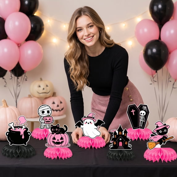 Halloween Honeycomb Centerpieces, Pink Theme 9 Pieces, for Halloween Themed Party, Tabletop Desktop Decoration for Halloween Indoor Party Home Event