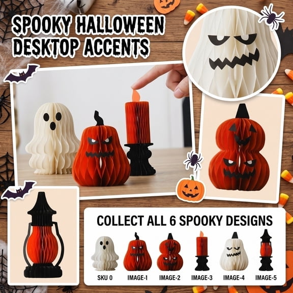 Halloween Honeycomb Paper Tabletop Decor, Foldable Honeycomb Ghost Pumpkin Candle Lantern Desktop Ornament, Kid-Friendly Mild Spooky Fall Harvest Party Table Centerpieces