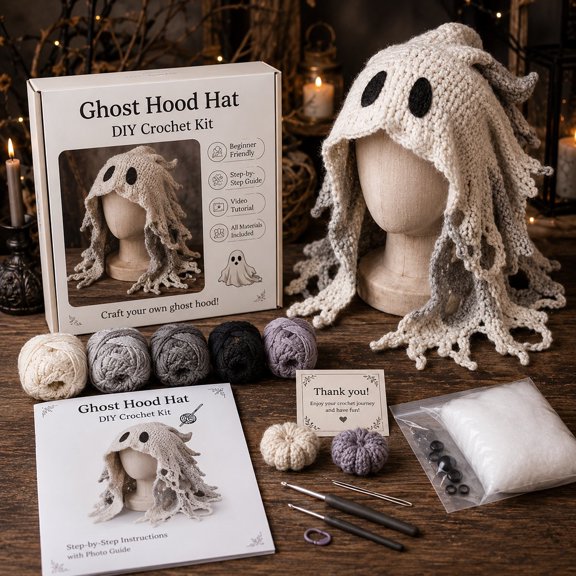 Halloween Hood Hat DIY Crochet Kit 4 Spooky Character Designs, Beginner Friendly Wearable Costume Craft with Yarn Tools