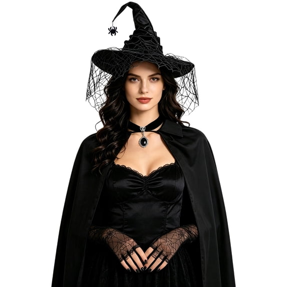 Halloween Hooded Cape Costume Set, 4-Piece Witch Style Set with Hat, Gloves, Necklace and Cloak, Adult Dress Up Accessories for Masquerade Parties and Costume Events
