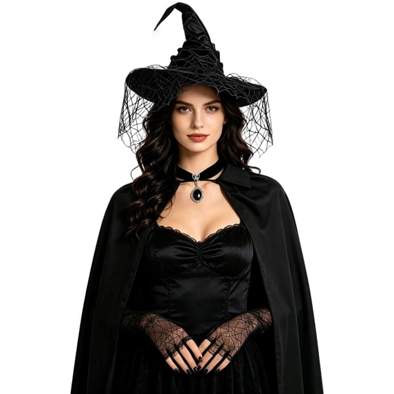 Halloween Hooded Cape Costume Set, 4-Piece Witch Style Set with Hat, Gloves, Necklace and Cloak, Adult Dress Up Accessories for Masquerade Parties and Costume Events