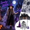 Halloween Hooded Cape Costume Set, Women's Black Mesh Cloak and Witch ...