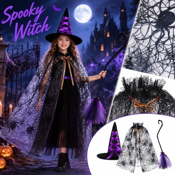 Halloween Hooded Cape Costume Set, Spider Web Mesh Cloak with Witch Hat and Broom, Adult Dress Up Accessories for Masquerade Parties, Costume Events and Seasonal Gatherings