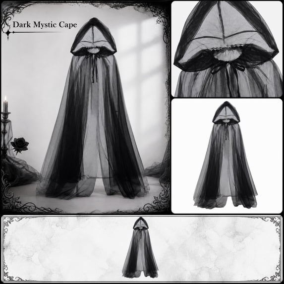 Halloween Hooded Cloak for Women, Elegant Sheer Tulle Cape with Deep Hood for Adults Gothic Vampire Witch Cosplay Party Outfit