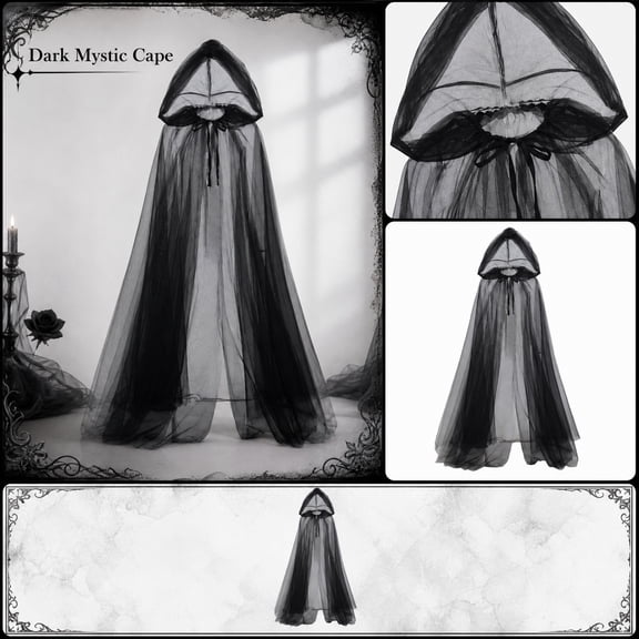 Halloween Hooded Cloak for Women, Elegant Sheer Tulle Cape with Deep Hood for Adults Gothic Vampire Witch Cosplay Party Outfit