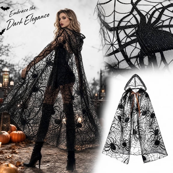 Halloween Hooded Robe Cloak, Women's Lightweight Sheer Long Cape, Elegant Mesh Dress Up Wrap for Masquerade Parties, Costume Events, Stage Performances and Seasonal Gatherings