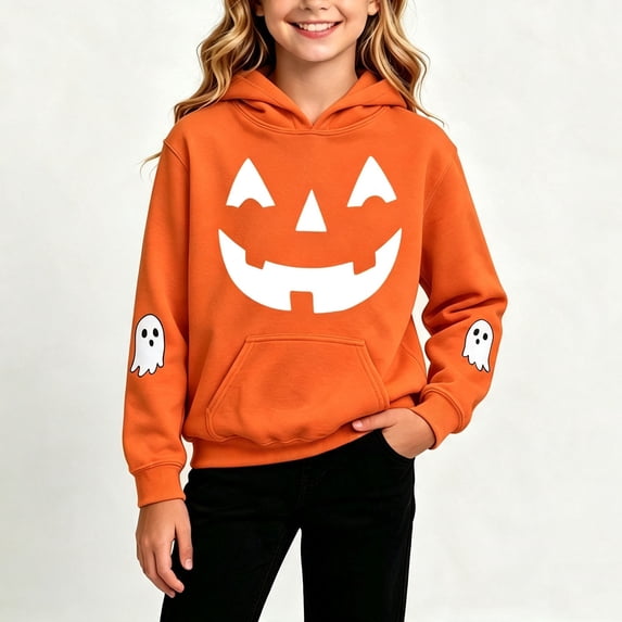 Halloween Hooded Sweatshirts for Unisex Children Cute Printed Long Sleeve Fashion Casual Cozy Pullover Tops with Front Pockets Orange 2-3Years