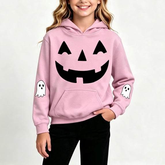 Halloween Hooded Sweatshirts for Unisex Children Cute Printed Long Sleeve Fashion Casual Cozy Pullover Tops with Front Pockets Pink 2-3Years