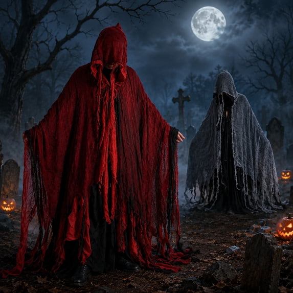 Halloween Hooded Witch Cloak Costume, Adult Gothic Grim Reaper Sorcerer Robe, Haunted House Creepy Tattered Mesh Cape for Cosplay Masquerade Party Outfit, One Size
