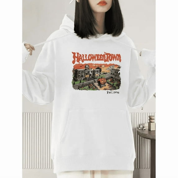 Halloween Hooded long-sleeved Town pattern T-shirt top fashionable and comfortable White S-2XL