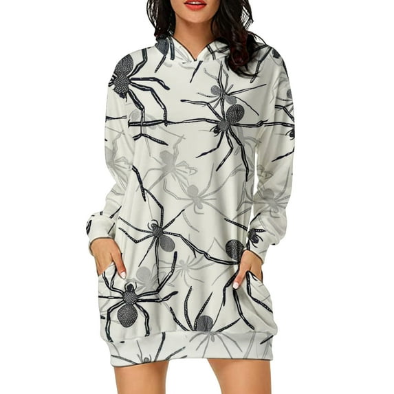 Halloween Hoodie Dress for Women, Bat Print Long Sleeve Pullover, Spooky Casual Fall Tunic Sweatshirt Dress