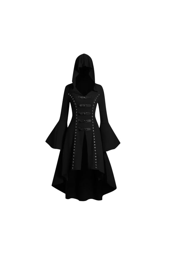 Halloween Hoodie Dress for Women Vintage Renaissance Medieval Gothic High Low Hem Bell Long Sleeve Hooded Robe (3XL, Black)