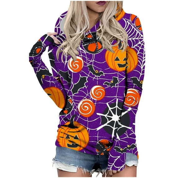 Halloween Hoodie Women Pumpkin Spider Web Print Pullover Long Sleeve Fall Tops Casual Sweatshirt