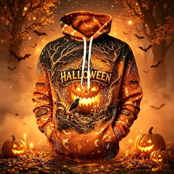 Halloween Hoodie for Men Pumpkin Spiderweb Long Sleeve Spooky Pullover Hoodies Skull Ghost Horror Adjustable Drawstring Hooded Sweatshirts, L