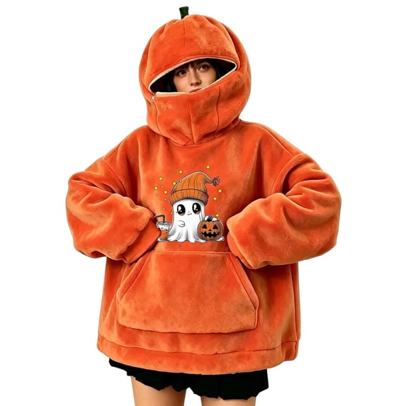 Halloween Hoodie for Women Funny Pumpkin Mask Long Sleeve Fleece Tops Plus Size Fashion Casual Sweatshirt with Pocket (S, Orange-01)