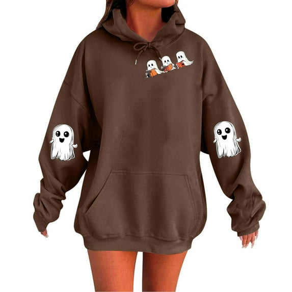 Halloween Hoodies For Women Drawstring Pumpkin Ghost Skeleton Print Sweatshirt With Pocket Baggy Casual Pullover Tops (XXL, Coffee C)
