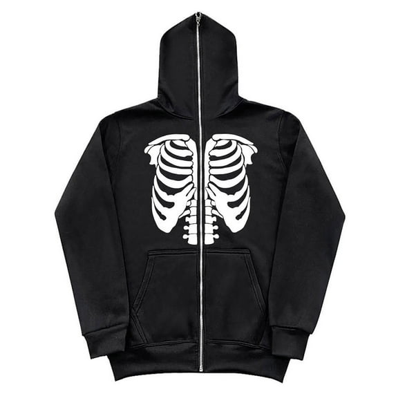 Halloween Hoodies Men Zip Up Dark Gothic Print Hoodie Long Sleeve Relaxed Fit Streetwear Y2K Hoodie White S