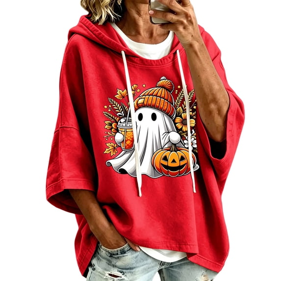 Halloween Hoodies Women Soft Ghost Pattern 3/4 Sleeve Party Pullover Sweatshirt Tops Fall Winter Warm Clothing Red L