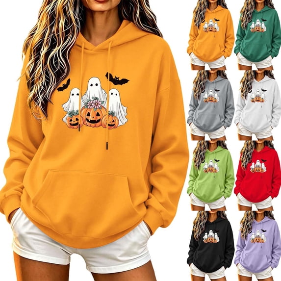 Halloween Hoodies for Women Spooky Season Cute Ghost Pumpkin Printed Pullover Sweatshirt Long Sleeved Hooded Sweatshirt with Pockets Casual Fall Outfits