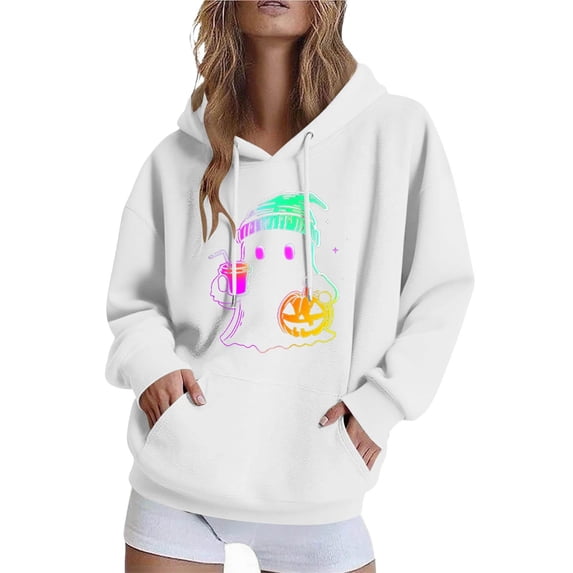 Halloween Hoodies Womens Fall Winter Hooded Jacket Loose Casual Fleece Sweatshirts Funny Halloween Ghost Graphic Printed Long Sleeve Sweaters Pullover with Pocket