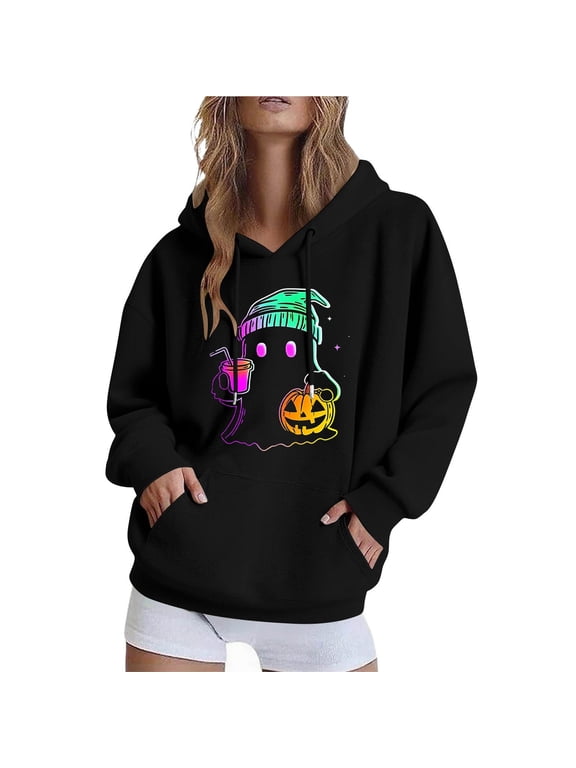 Halloween Hoodies Womens Fall Winter Hooded Jacket Loose Casual Fleece Sweatshirts Funny Halloween Ghost Graphic Printed Long Sleeve Sweaters Pullover with Pocket