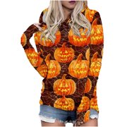 HXSHGDSN Halloween Hoodies Womens Plus Size Casual Pullover Trendy Print Round Neck Long Sleeve Loose Fit Hooded Sweatshirt Tops,Orange 2,M