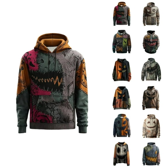 Halloween Hoodies for Men 2025 Funny Patchwork Graphic Hooded Sweatshirt with Pockets Halloween Pullover Tops