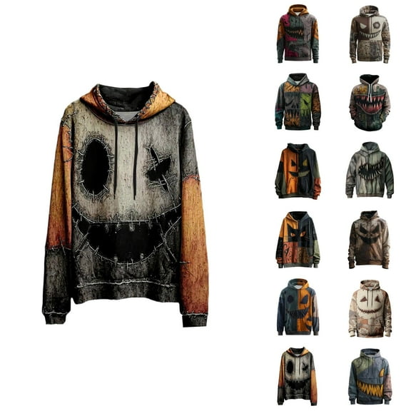Halloween Hoodies for Men 2025 Funny Patchwork Graphic Hooded Sweatshirt with Pockets Halloween Pullover Tops
