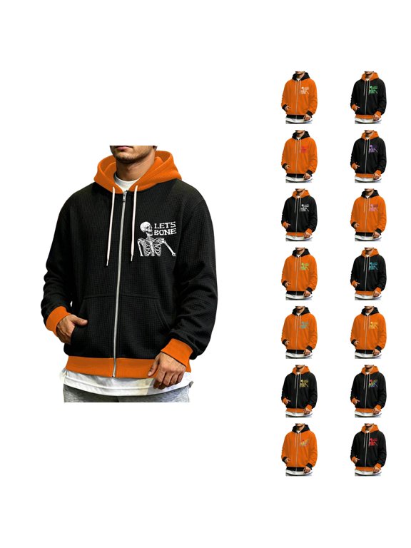 Halloween Hoodies for Men Funny Skeleton Print Orange Black Color Block Zip Up Jacket Waffle Sweatshirt with Pockets