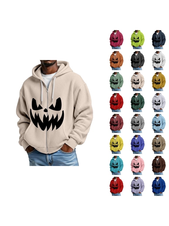 Halloween Hoodies for Men Long Sleeve Loose Casual Funny Pumpkin Face Print Waffle Sweatshirt Zip Up Jacket with Pockets