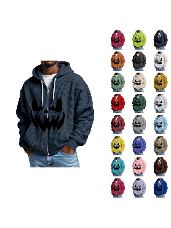 Halloween Hoodies for Men Long Sleeve Loose Casual Funny Pumpkin Face Print Waffle Sweatshirt Zip Up Jacket with Pockets