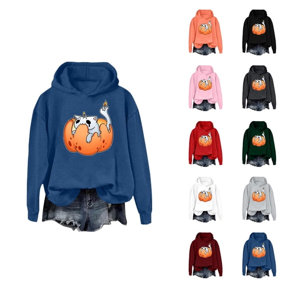 Halloween Hoodies for Women 2025 Funny Pumpkin Cat Cute Hoodies Hooded Sweatshirt Hoodie Women Pullover