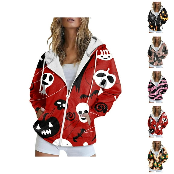 Halloween Hoodies for Women 2025 Halloween Pumpkin Skull Graphic Zip Up Hoodie Sweatshirt with Pockets Pullover Tops