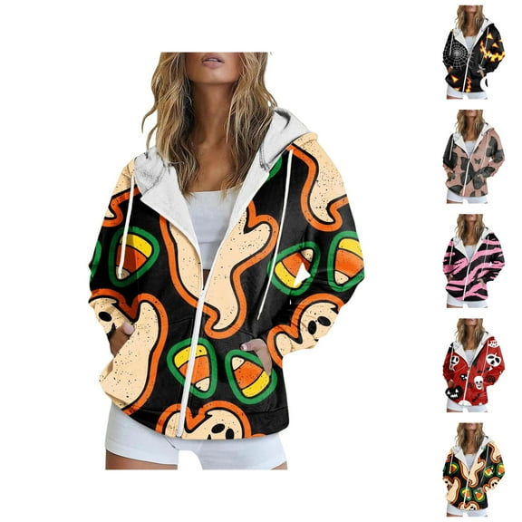Halloween Hoodies for Women 2025 Halloween Pumpkin Skull Graphic Zip Up Hoodie Sweatshirt with Pockets Pullover Tops