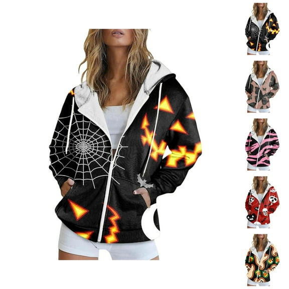Halloween Hoodies for Women 2025 Halloween Pumpkin Skull Graphic Zip Up Hoodie Sweatshirt with Pockets Pullover Tops